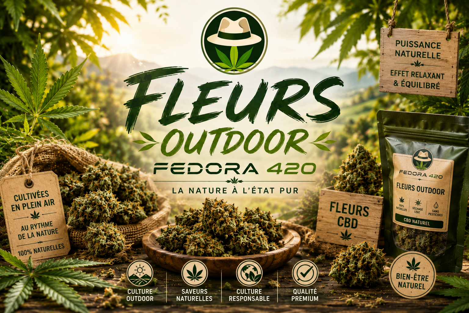 Collection de Fleurs Outdoor Fedora 420 avec fleurs CBD cultivées en plein air, cannabis légal premium et cannabidiol naturel de haute qualité | Fedora 420