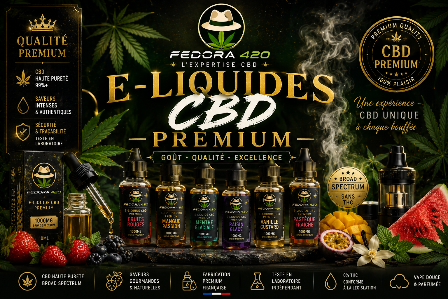 E-liquides CBD Premium Fedora 420 avec CBD Broad Spectrum, saveurs fruitées et gourmandes