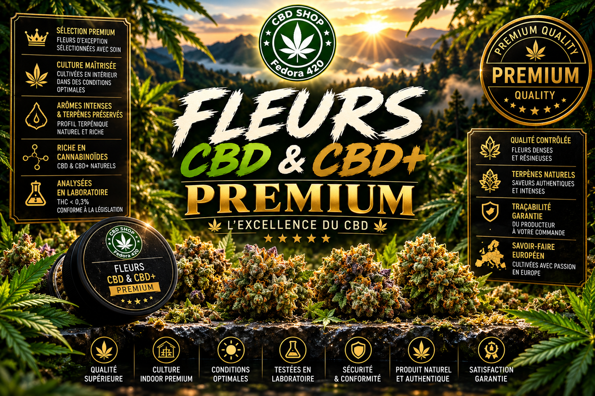 Collection Fleurs CBD Premium Fedora 420 avec fleurs CBD et CBD+ haut de gamme, riches en terpènes, cannabinoïdes et résine naturelle