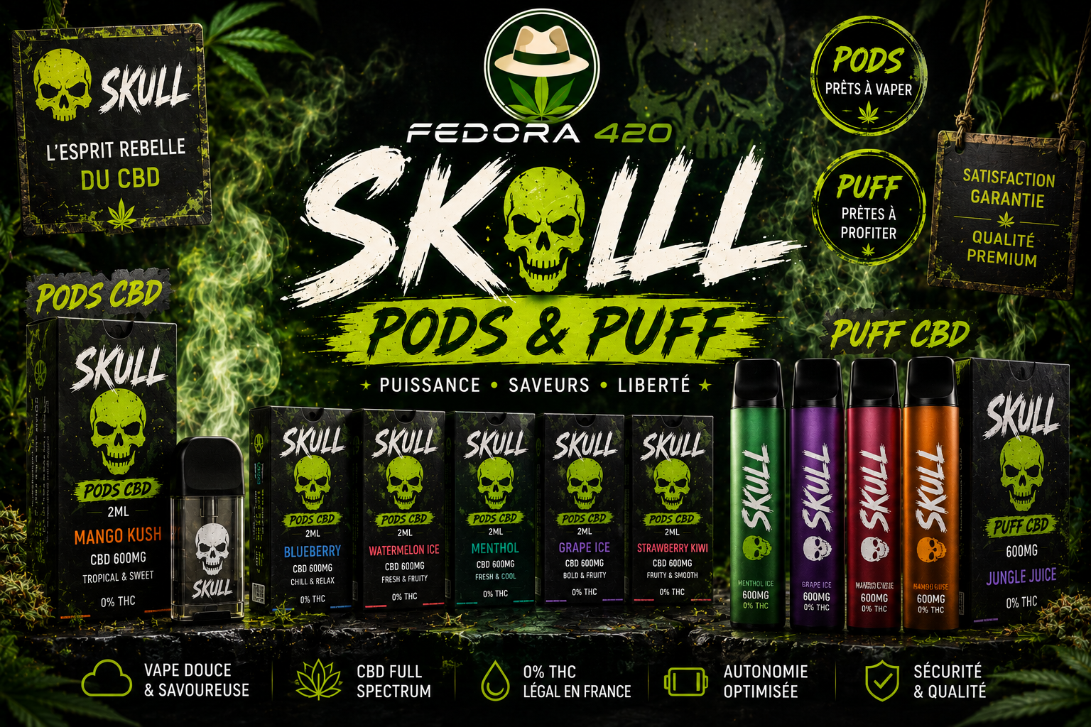 Collection Skull CBD Fedora 420 avec pods et puffs CBD premium aux saveurs fruitées et intenses