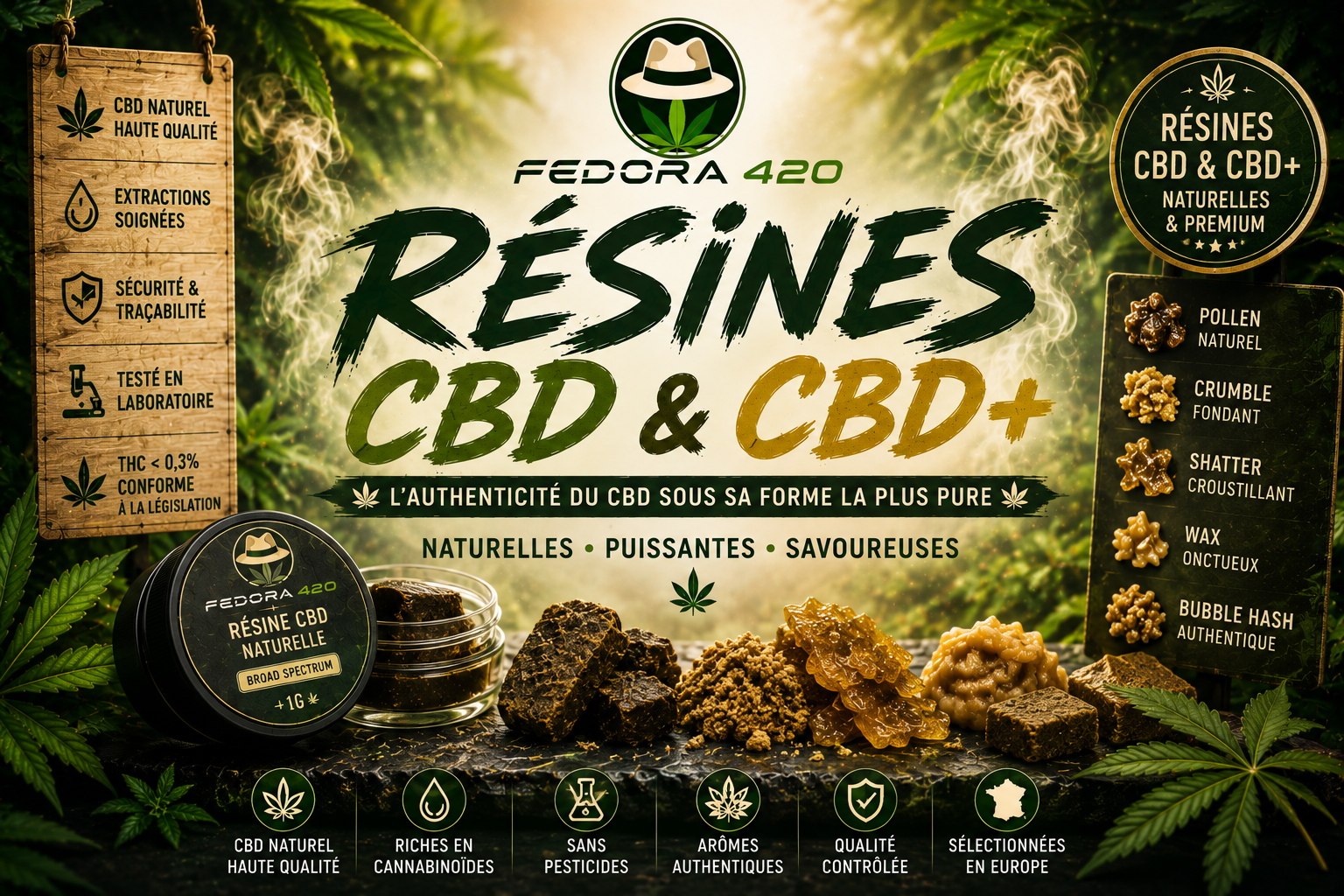 Collection Résines CBD Fedora 420 avec résines de cannabidiol naturelles, pollen, crumble, shatter, wax et hash CBD de qualité