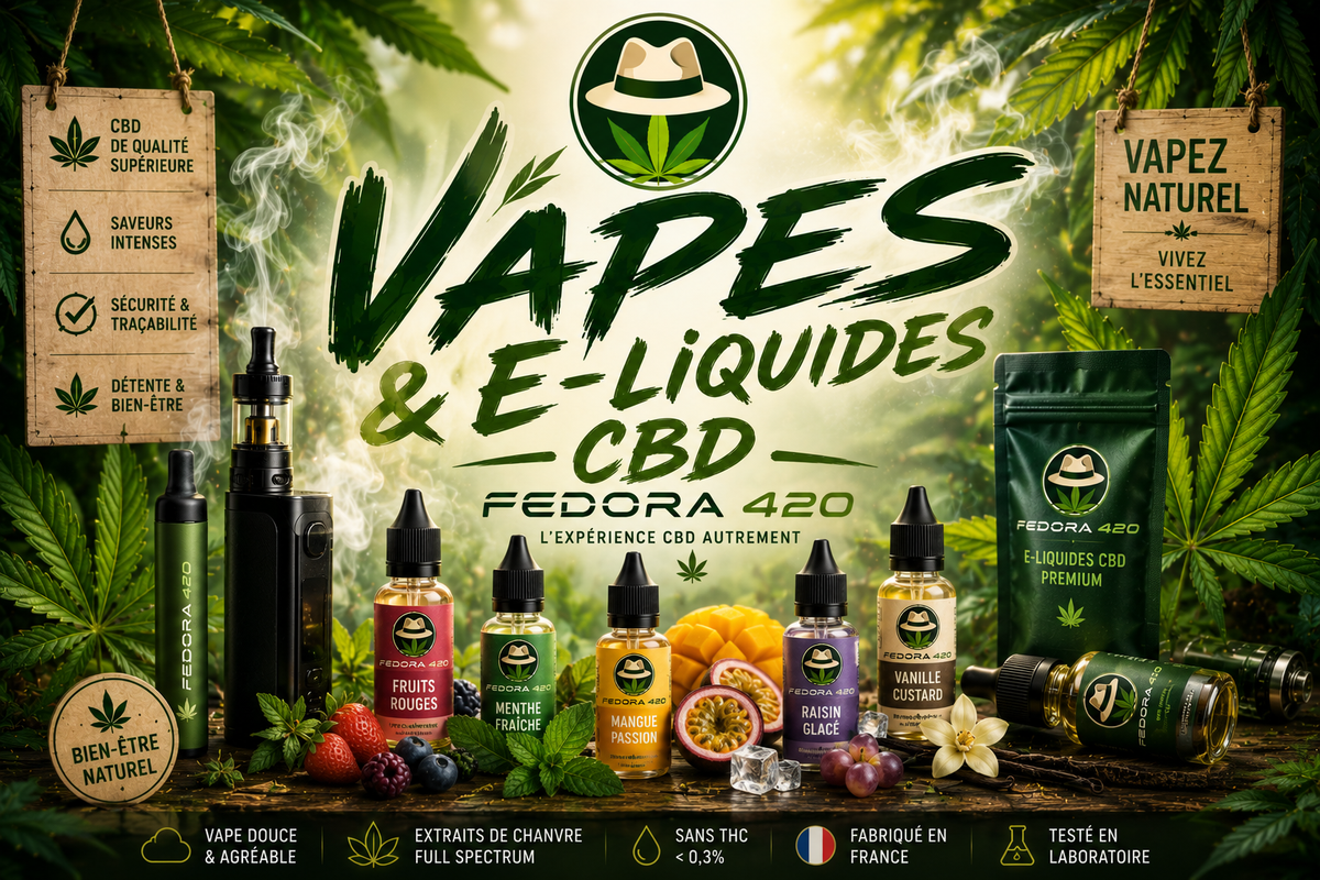 Vapes et e-liquides CBD Fedora 420 : pods, puffs et e-liquides au cannabidiol aux saveurs fruitées, mentholées et gourmandes