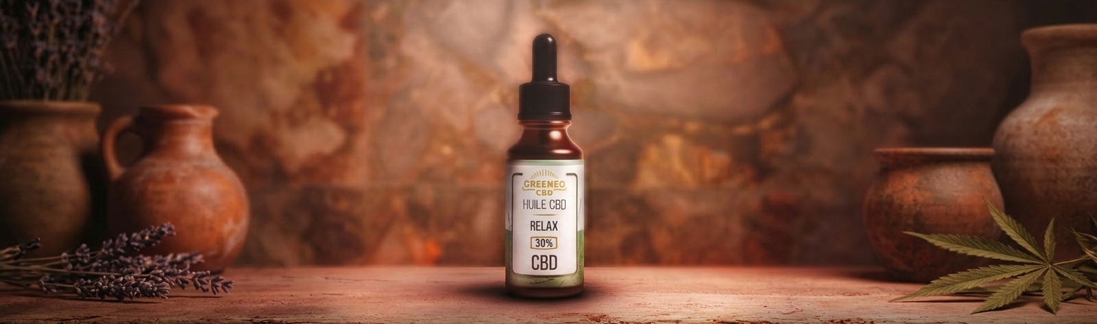 Flacon d'huile CBD Relax 30% Greeneo posé sur un comptoir en bois rustique avec un fond chaleureux, bannière pour catégorie Huiles CBD