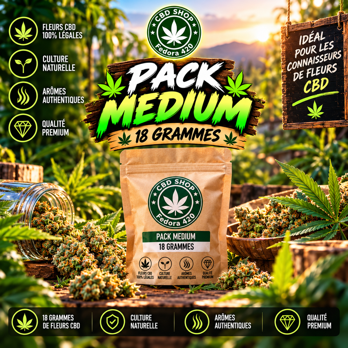 Pack Medium Fedora 420 de 18 g de fleurs CBD, présenté dans un sachet kraft entouré de fleurs et feuilles de chanvre, dans un décor naturel chaleureux et lumineux.