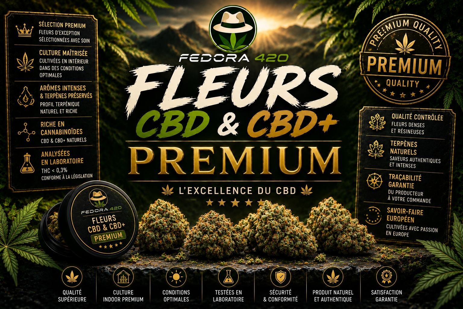 Collection Fleurs CBD Premium Fedora 420 avec fleurs CBD et CBD+ haut de gamme, riches en terpènes, cannabinoïdes et résine naturelle