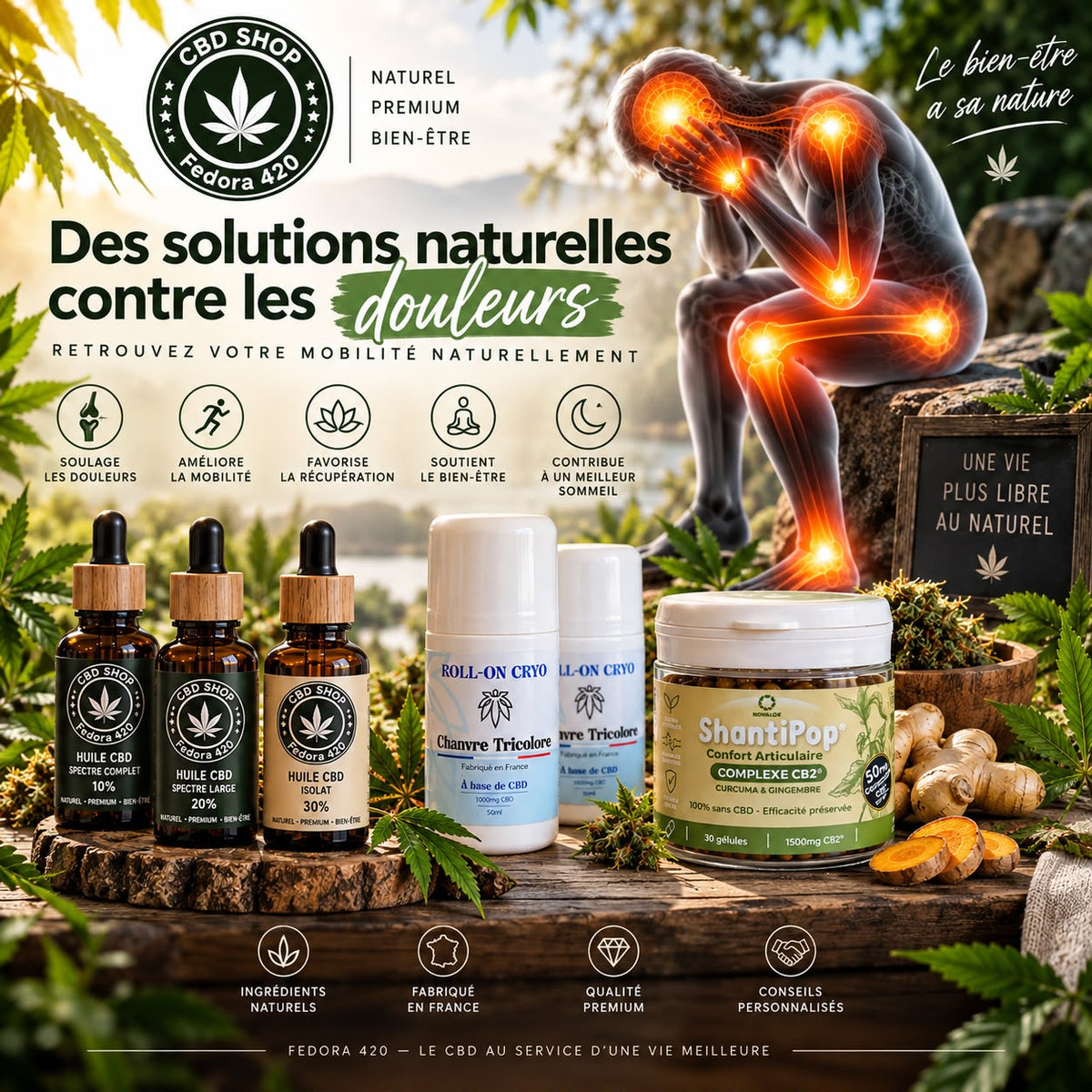 Collection CBD contre la douleur Fedora 420 avec produits au cannabidiol dédiés au confort, à la détente et au bien-être quotidien