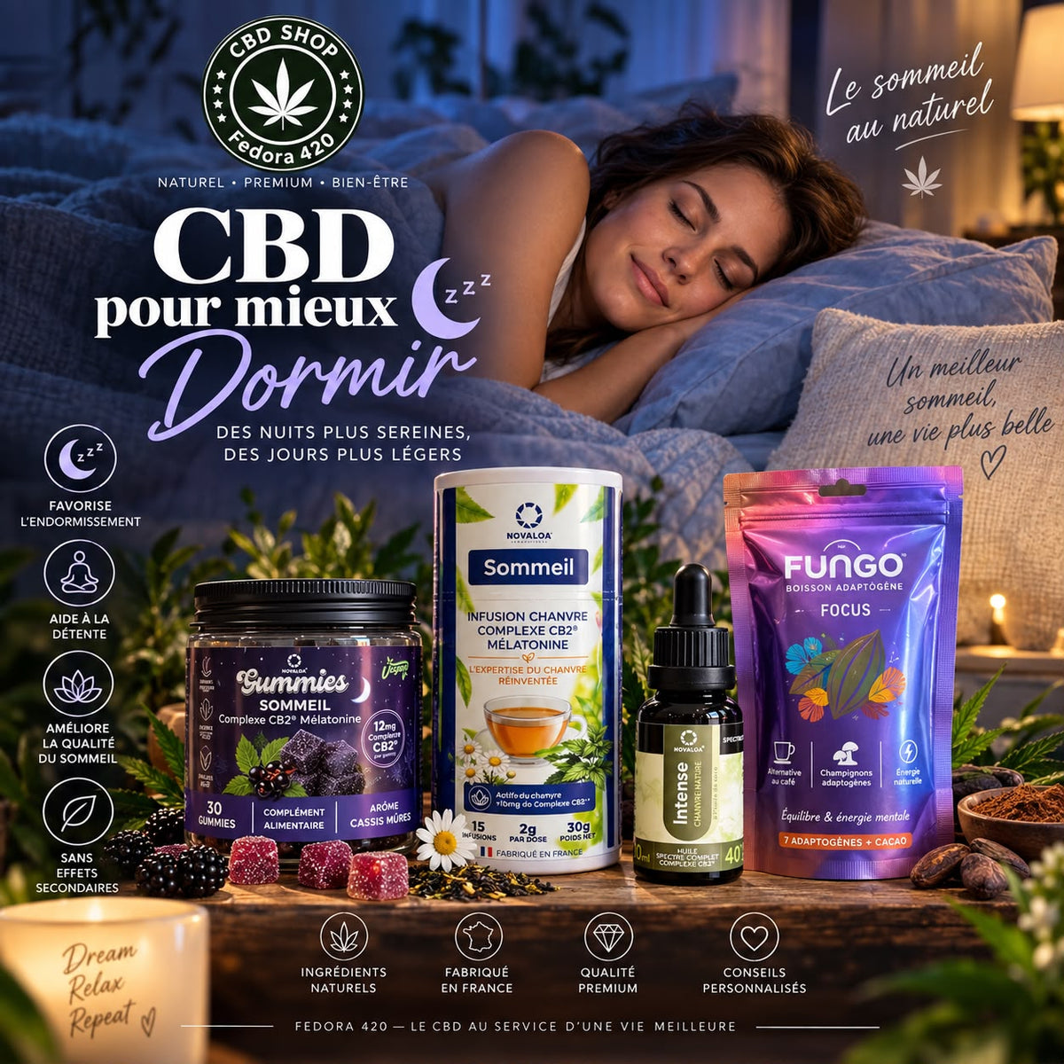 Collection CBD pour dormir Fedora 420 avec produits au cannabidiol dédiés à la relaxation et au bien-être avant le sommeil